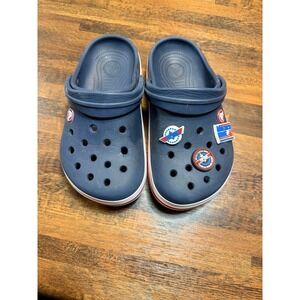 Youth Crocs crocband shoe navy blue, red&white.  With top gun Jibbitz charms. S2